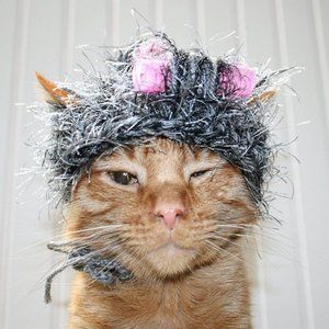 HAND CRAFTED Granny Hair Curlers Cat Hat Crochet Gray Hairy Wig Costume